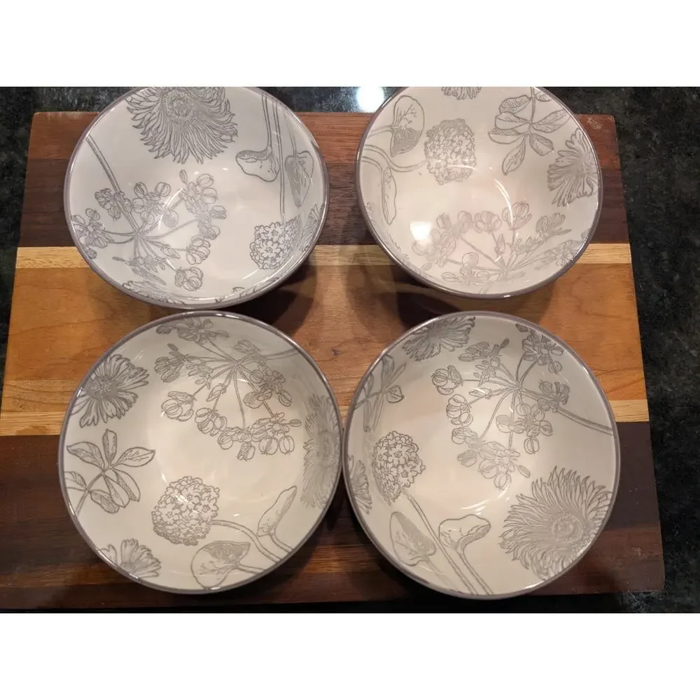 Stoneware Botanical Bowls, Set of 4, New, Silvery Steel Gray!